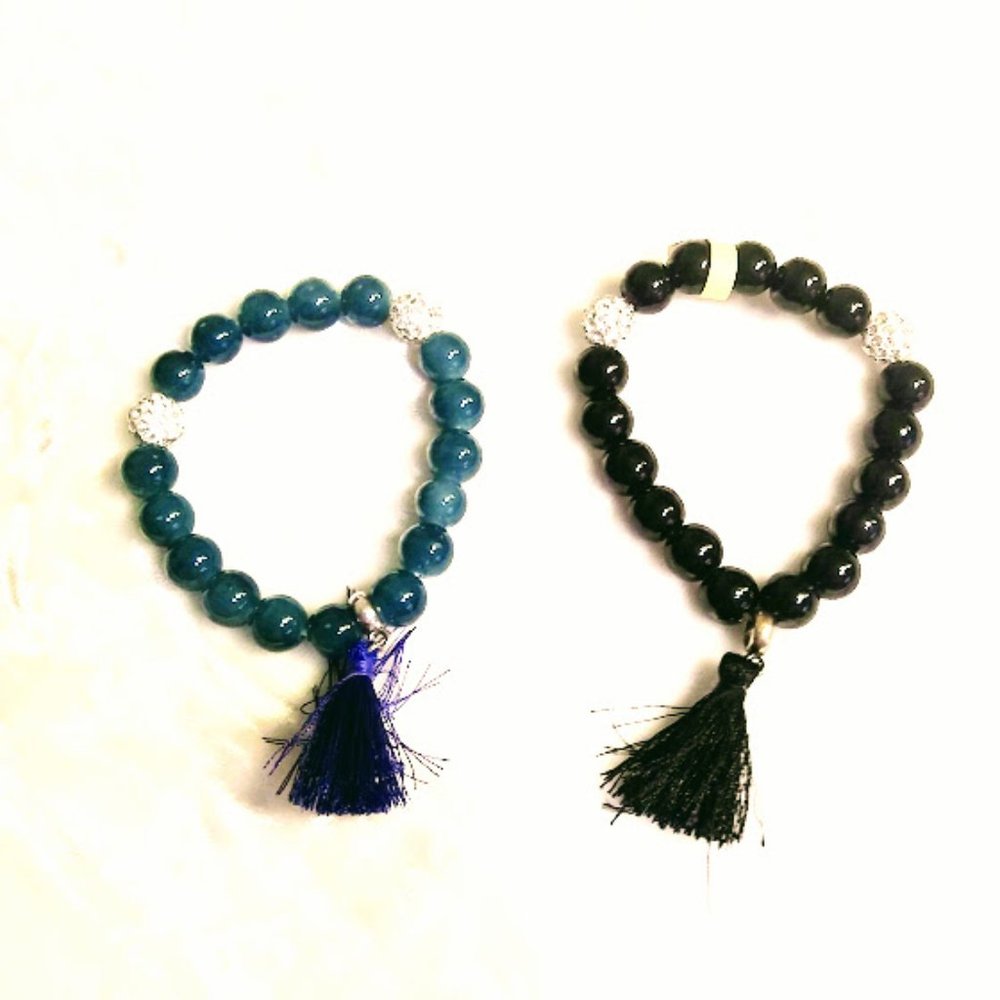 BLACK & GREEN GLASS BEAD*ELASTIC BRACELET WITH TASSEL*HAND CRAFTED*SET OF 2.